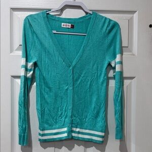SO Teal V-Neck Button Cardigan with White Stripe Accents